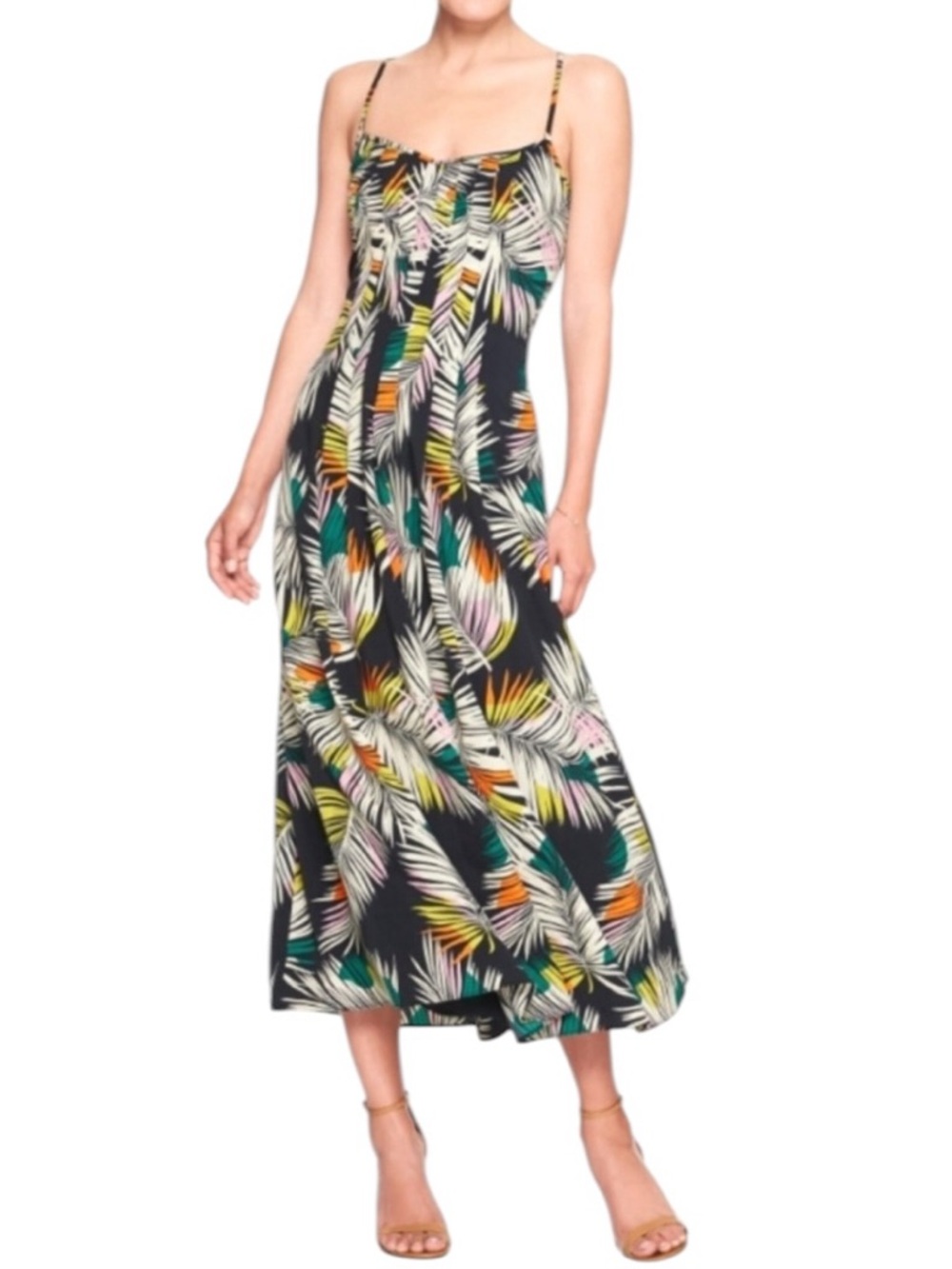 Banana Republic Black Tropical Leaf Midi Fitted Vacation Summer Dress